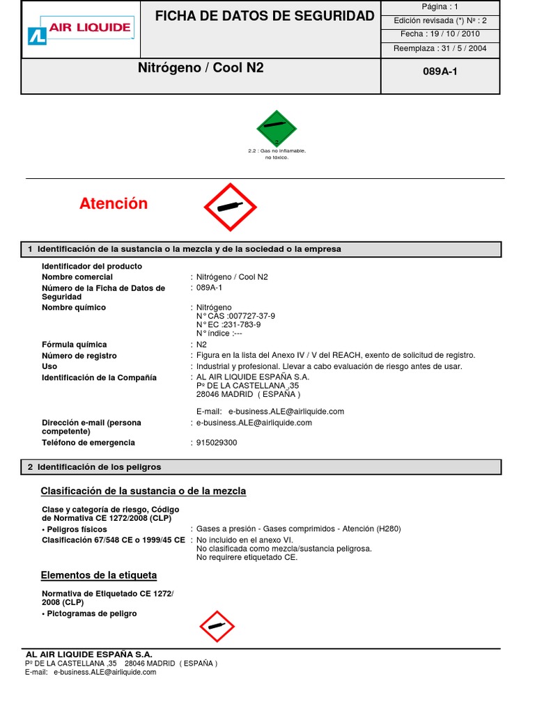 Nitrógeno: Ficha de Seguridad y Riesgos | PDF | Agua | Gases