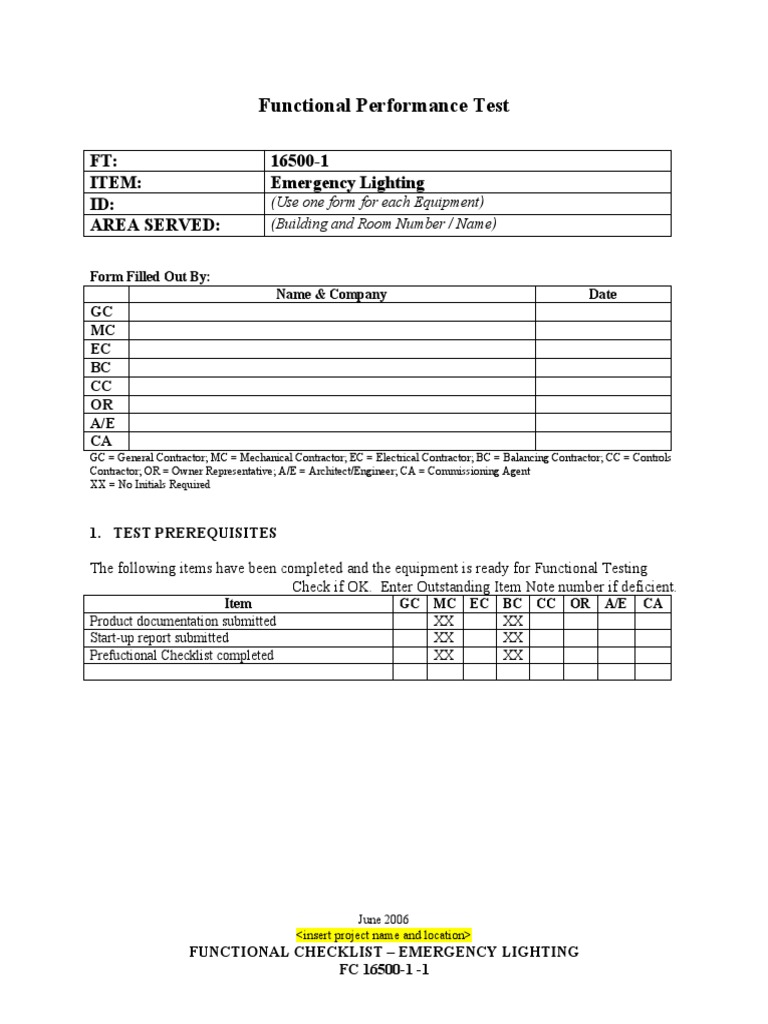 Functional Performance Test: FT: 16500-1 Item: Emergency Lighting ID ...