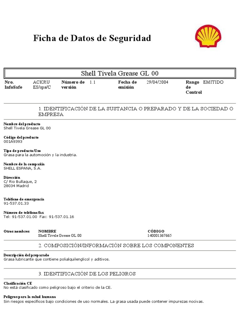 Ficha de Seguridad Shell Tivela GL 00 | PDF | Residuos | Agua