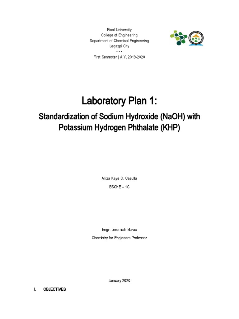 Laboratory Plan 1:: Standardization of Sodium Hydroxide (Naoh) With