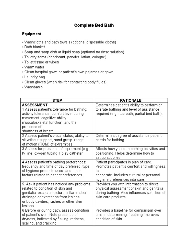 Bed Bath Procedure and Rationale PDF Hygiene Hand Washing