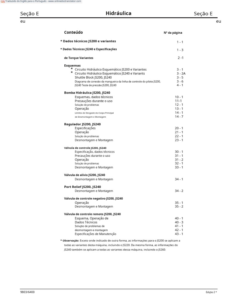 Manual de Peças JS200 e JS240 | PDF | Freio | Máquinas