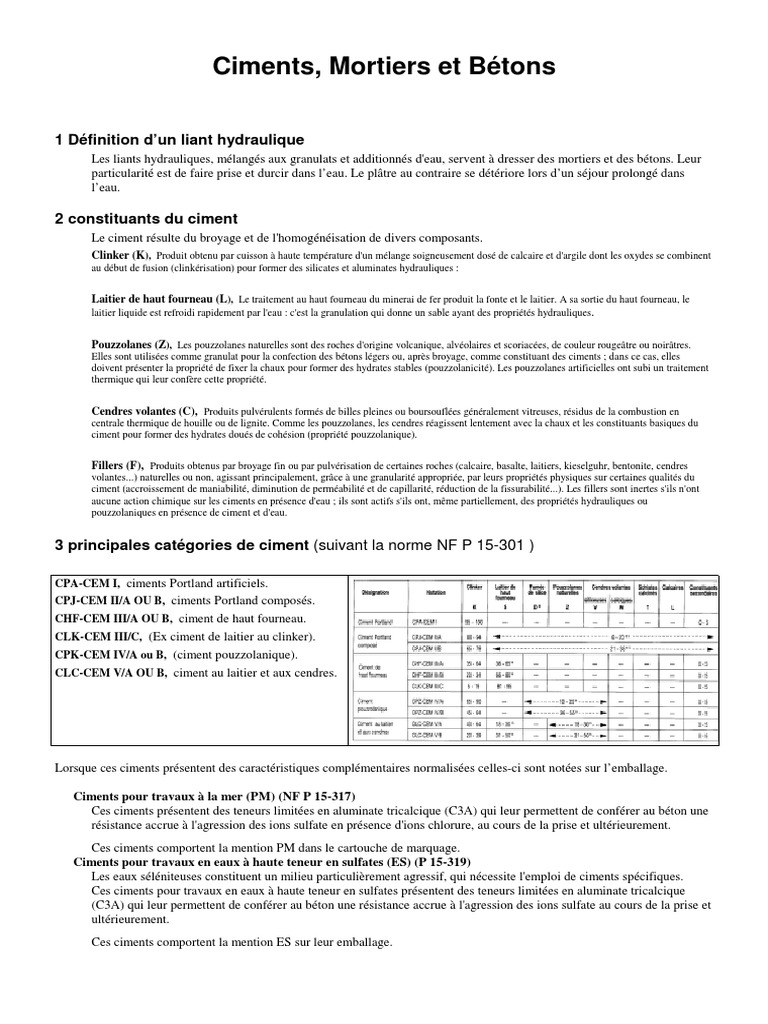 Types et caractéristiques des ciments | PDF | Ciment | Béton