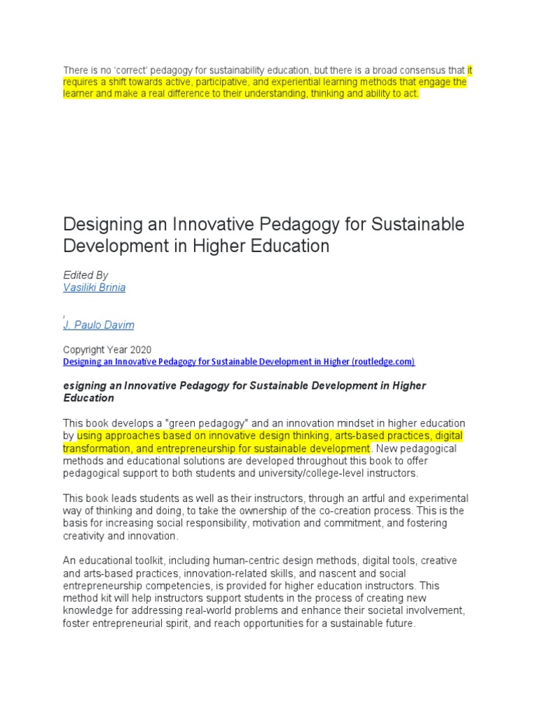 Designing An Innovative Pedagogy For Sustainable Development in Higher ...