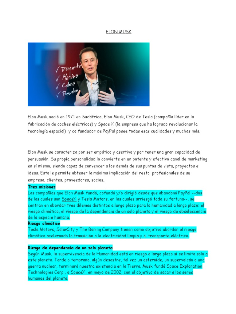 Biografía de Elon Musk: Innovación y Liderazgo | PDF | Elon Musk ...