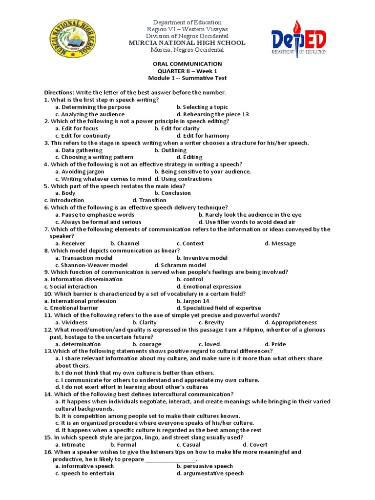 Grade 11 Oral Communication Test Guide | PDF | Communication ...