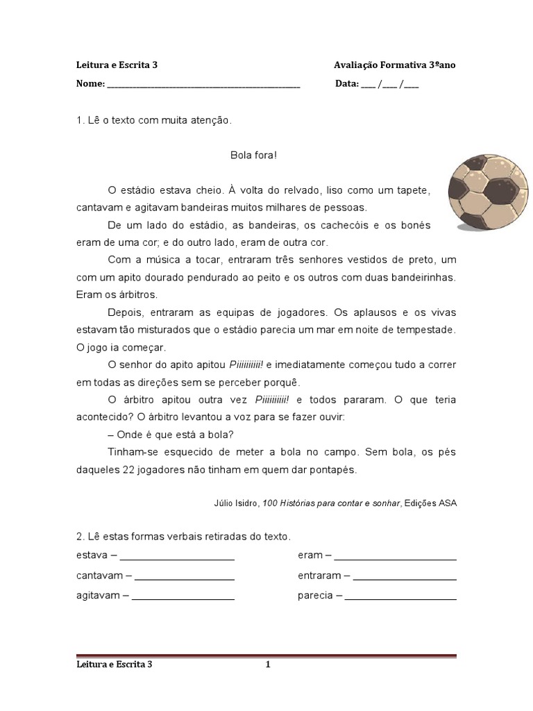 Leitura e Escrita 3 - Avaliação Formativa 3ºano | PDF