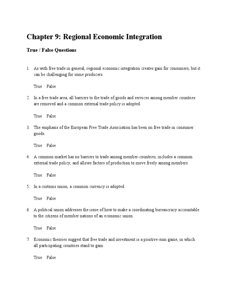 Chapter 9 Regional Economic Integration True False Questions Pdf