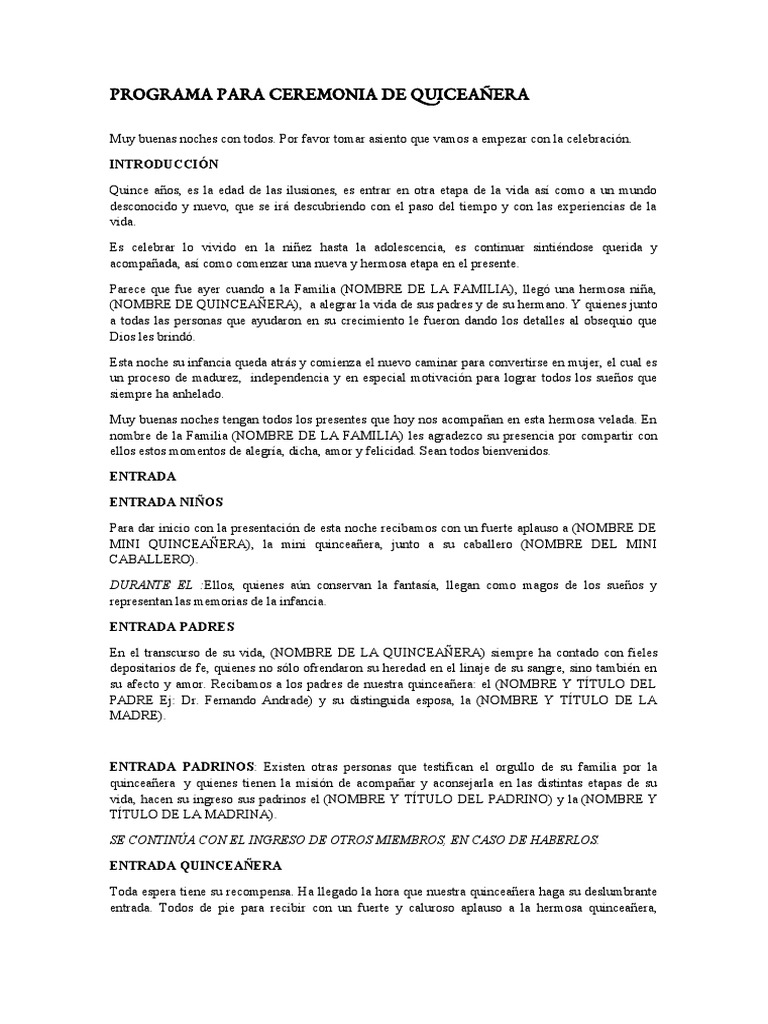 Programa para Ceremonia de Quiceañera: Introducción | PDF