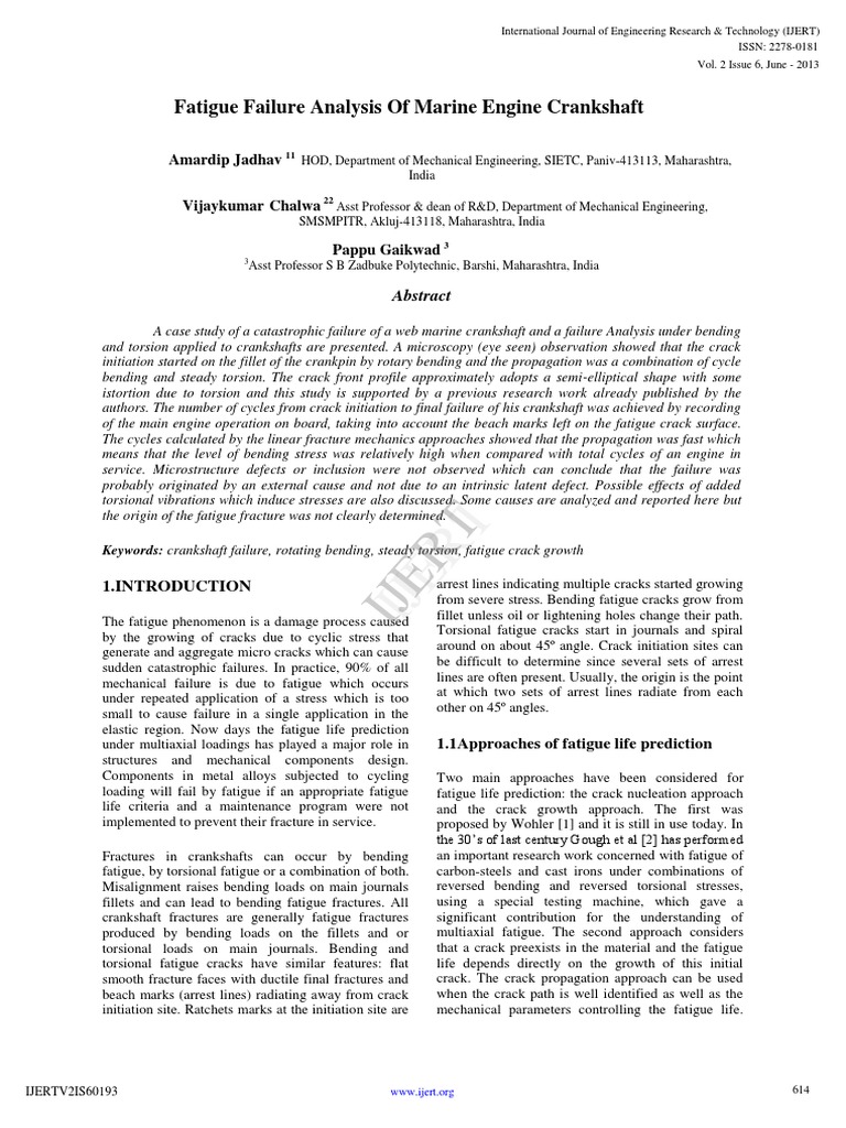 Ijert Ijert Fatigue Failure Analysis of Marine Engine Crankshaft PDF