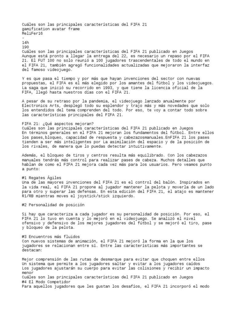 Características Clave de FIFA 21 | PDF | Asociación de Futbol