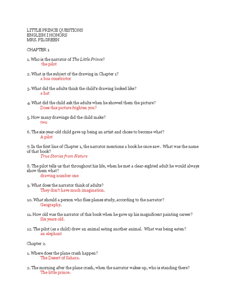 Little Prince Chapter Questions Guide | PDF | The Little Prince | Desert