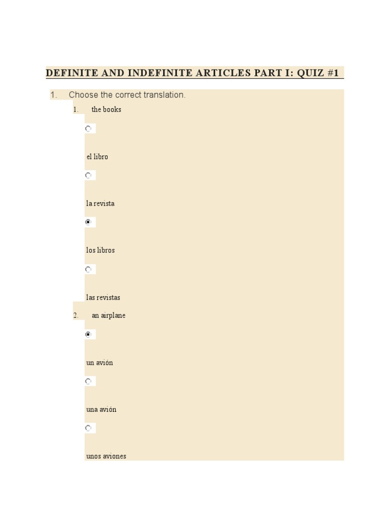 Artículos en Español: Quiz y Ejercicios | PDF | Artes del Lenguaje y ...