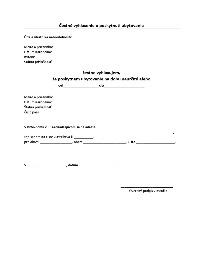 Cestne Vyhlasenie Ubytovanie | PDF