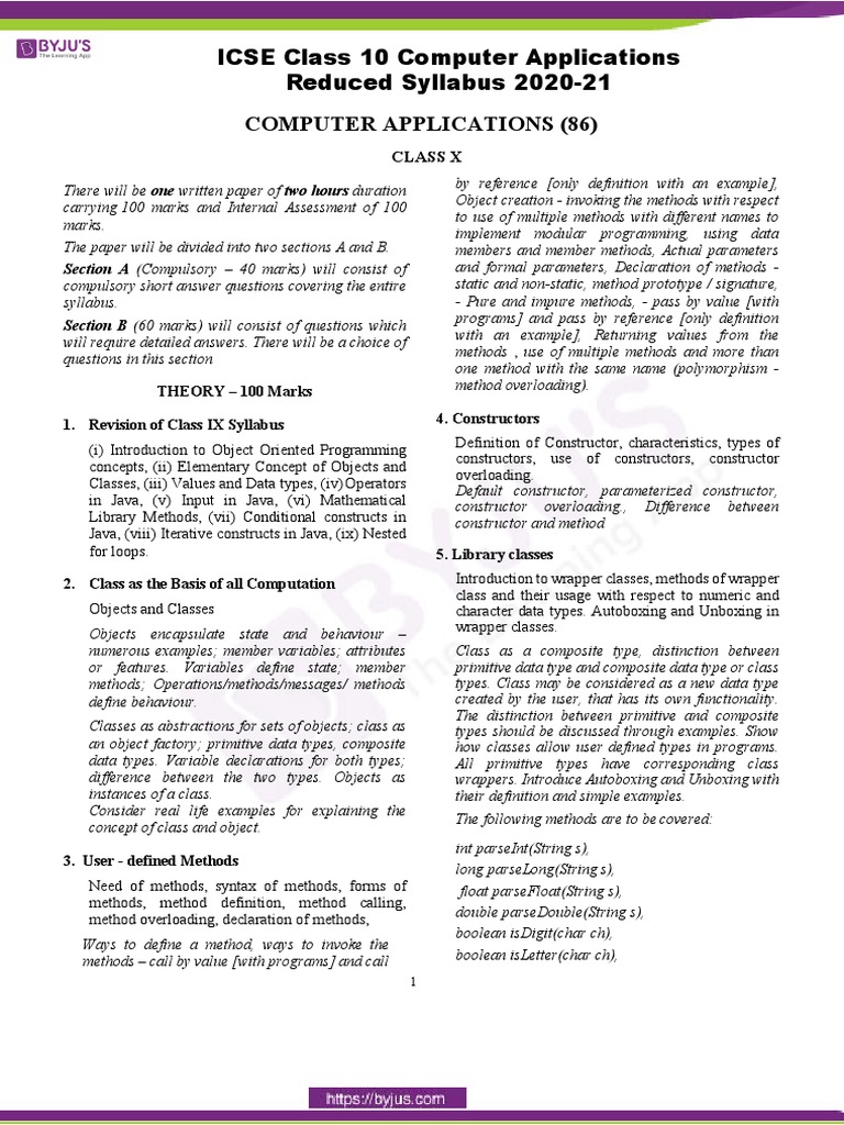ICSE Class 10 Computer Applications Reduced Syllabus 2020-21 | PDF ...