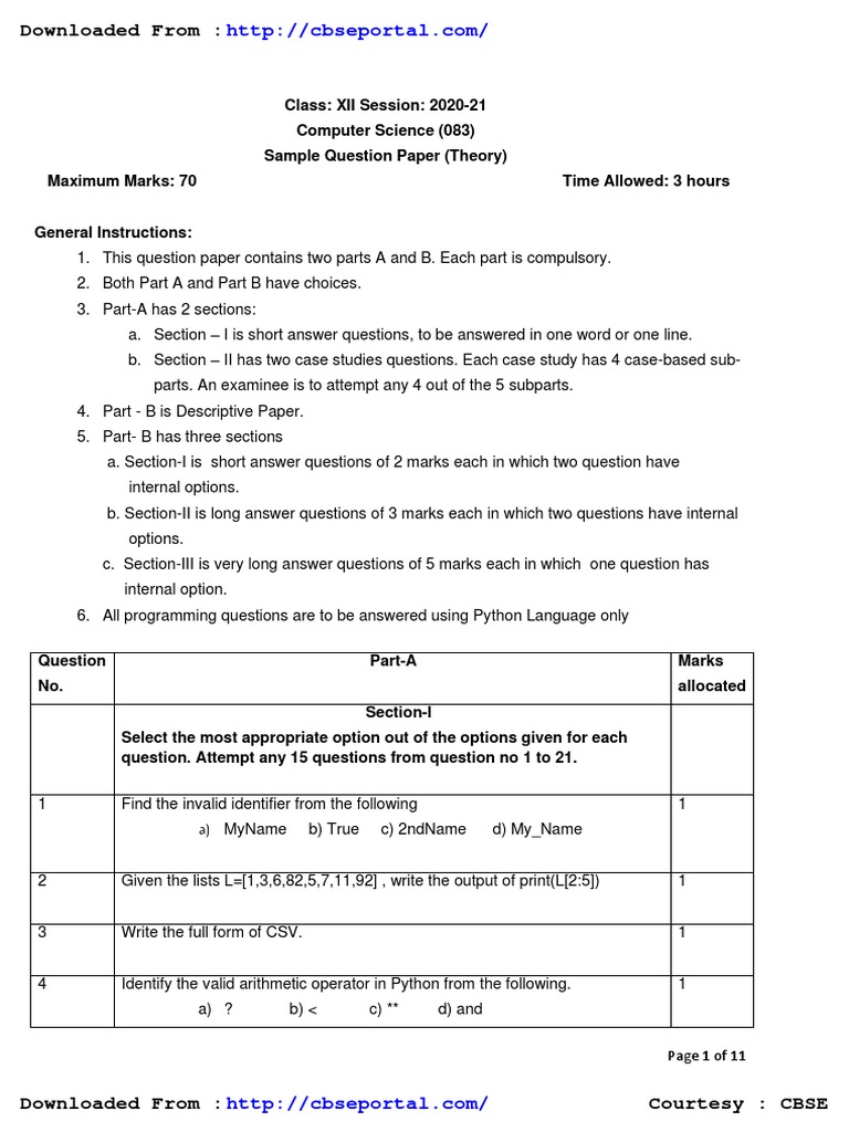 Class 12 Sample Paper 2020 21 Computer Science | PDF | Sql | Internet & Web
