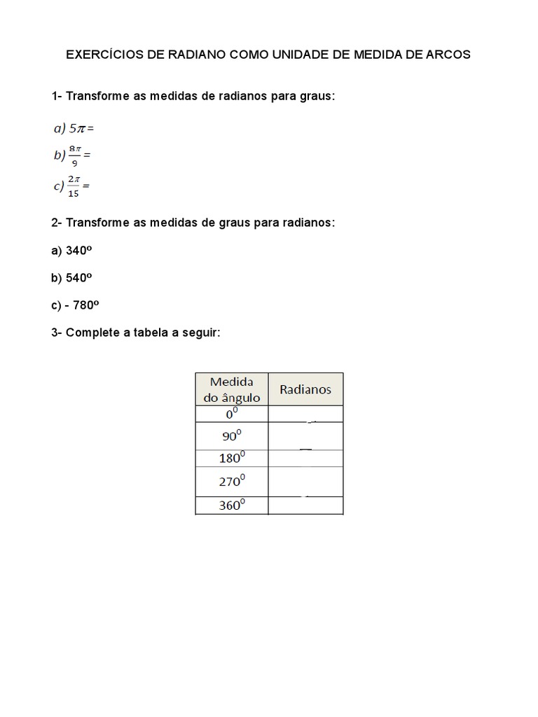 Exercícios de Conversão: Radianos e Graus | PDF | Métodos e Materiais ...