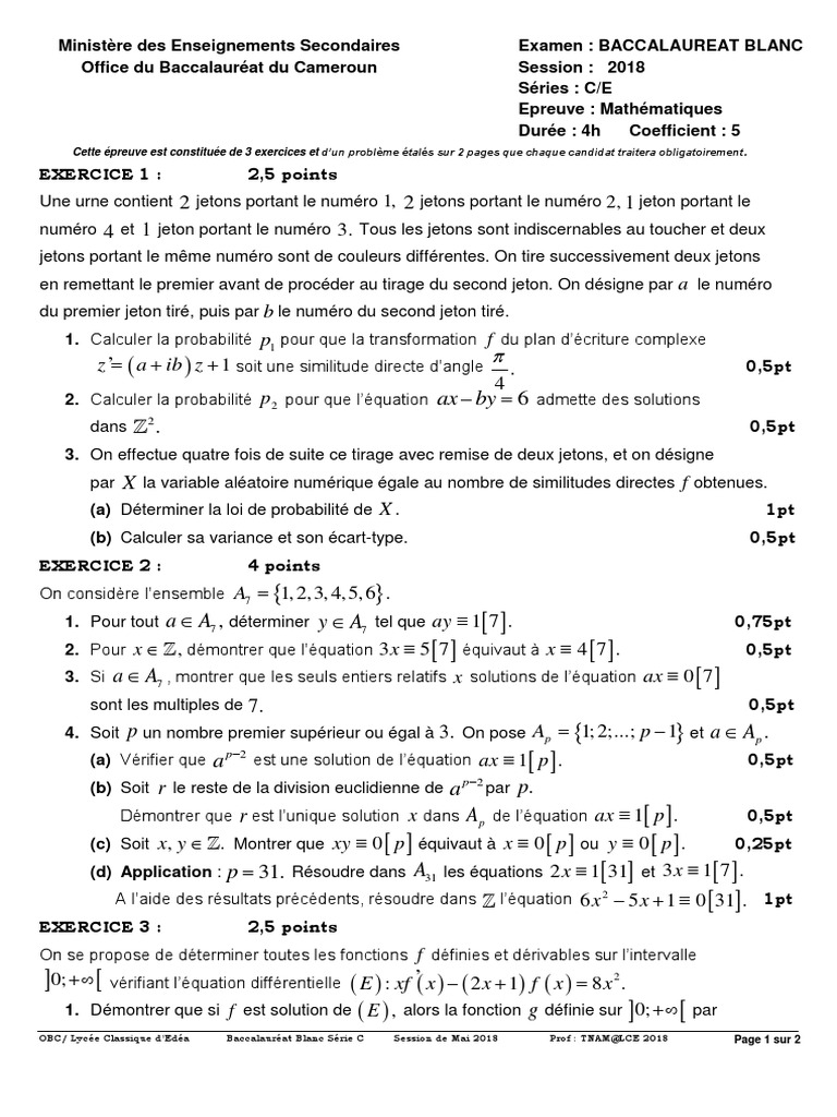 Baccalauréat Blanc Maths 2018 Série C | PDF | Plan (Géométrie) | Base ...