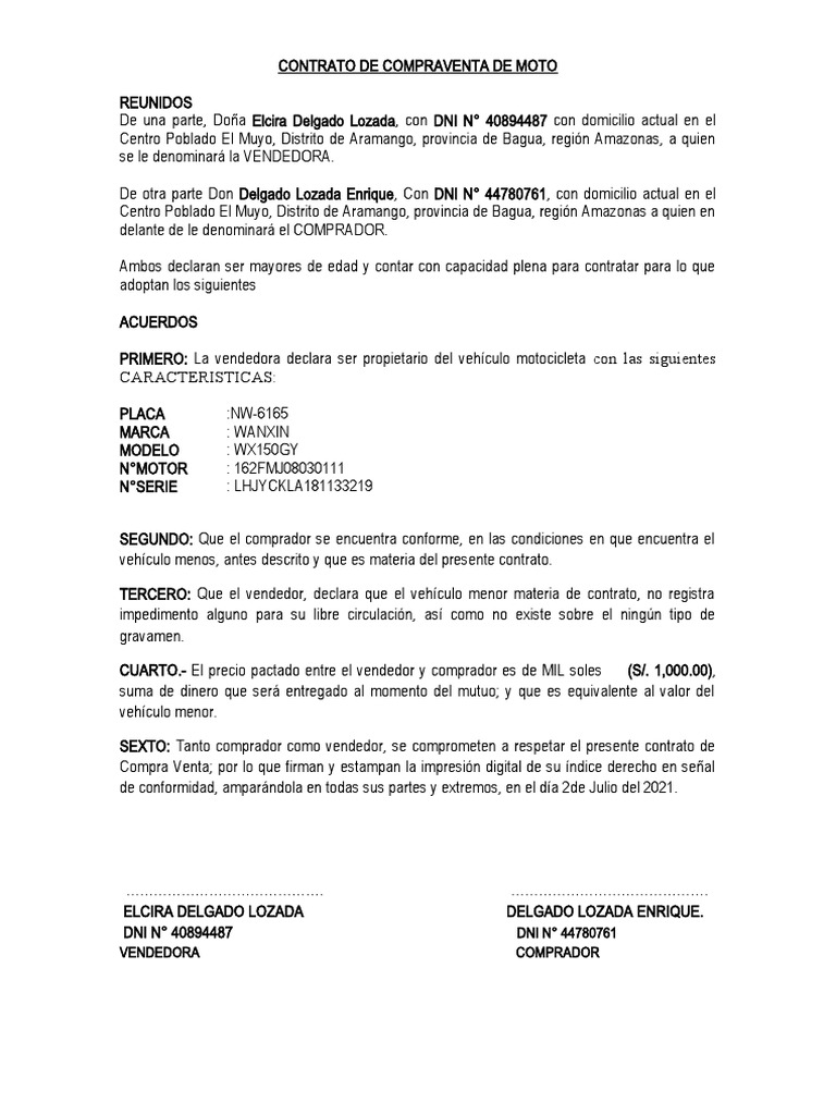 Contrato de Compraventa Moto | PDF | Mercado (economía) | Business