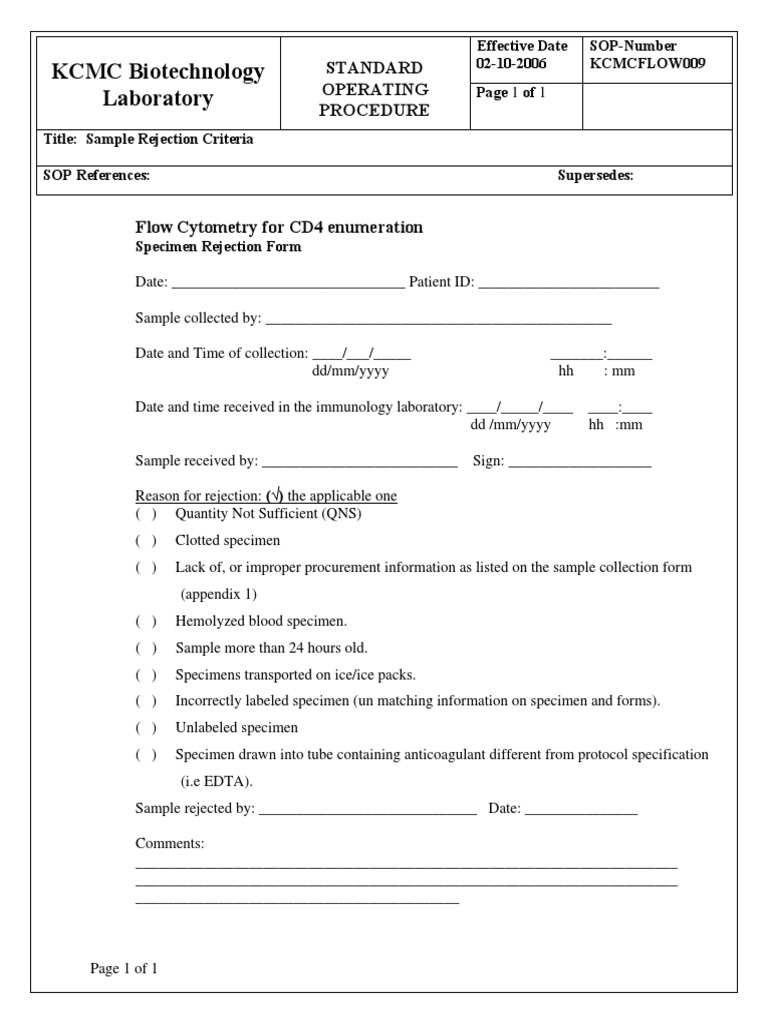 Specimen Rejection Criteria PDF