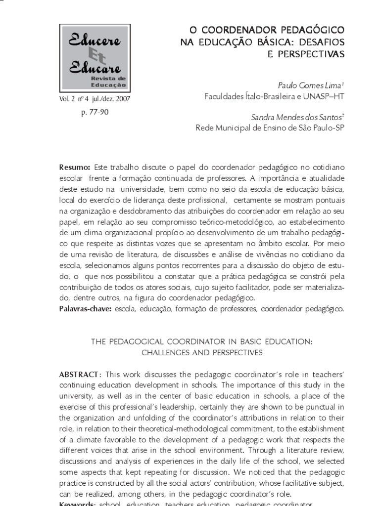 O Coordenador Pedagogico Na Educacao Basica - Desafios e Perspectivas | PDF