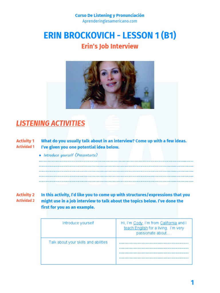 Erin Brockovich - Lesson 1 (B1) : Erin's Job Interview | PDF | Cognition