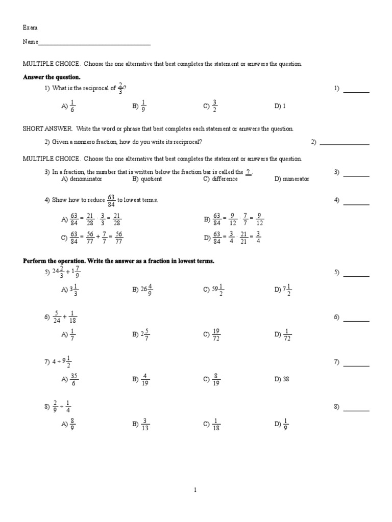 Math Exam: Multiple Choice & Short Answer | PDF | Question | Algebra