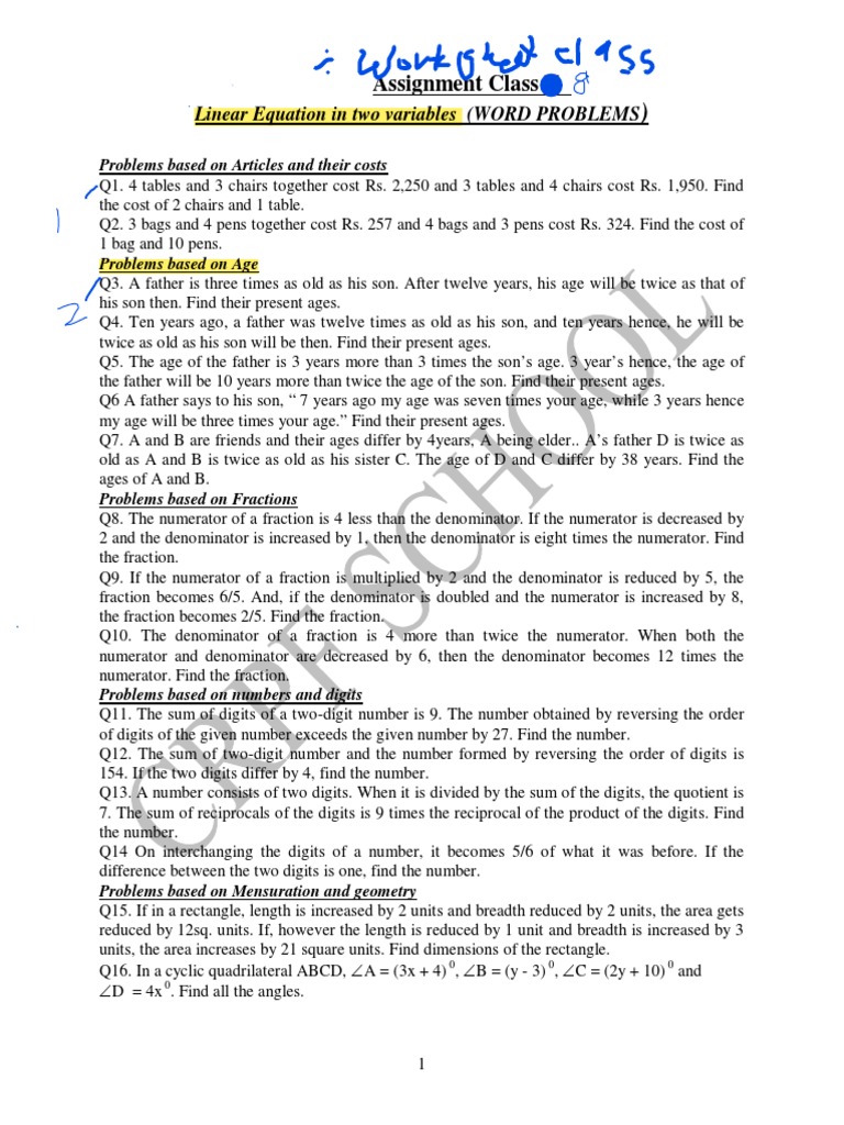 Assignment Class X: Linear Equation in Two Variables (WORD PROBLEMS ...