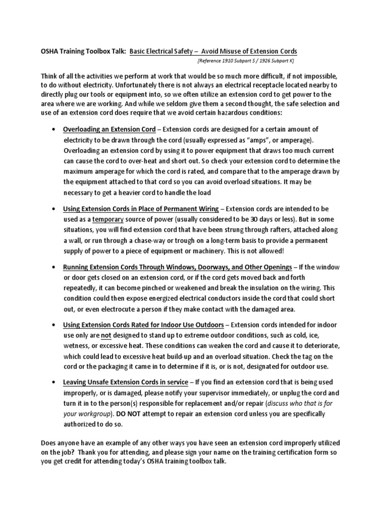 OSHA Training Toolbox Talk Basic Electrical Safety Extension Cord