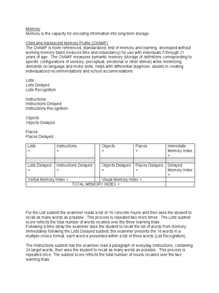 Template Memory ChAMP | PDF | Memory | Test (Assessment)