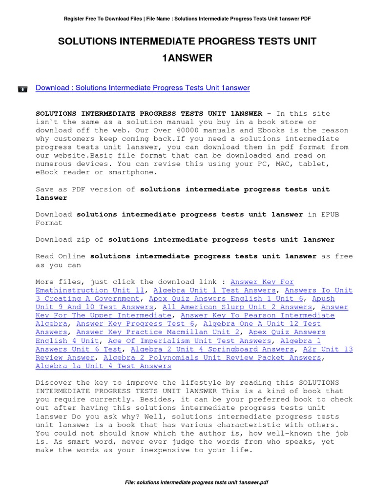Download: Solutions Intermediate Progress Tests Unit 1answer | PDF | E ...