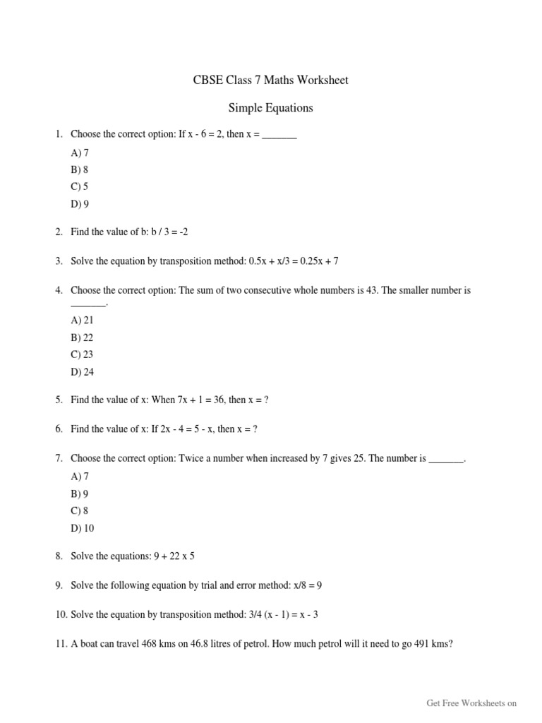 Simple Equations CBSE Class 7 Worksheet | PDF | Mathematics | Applied ...