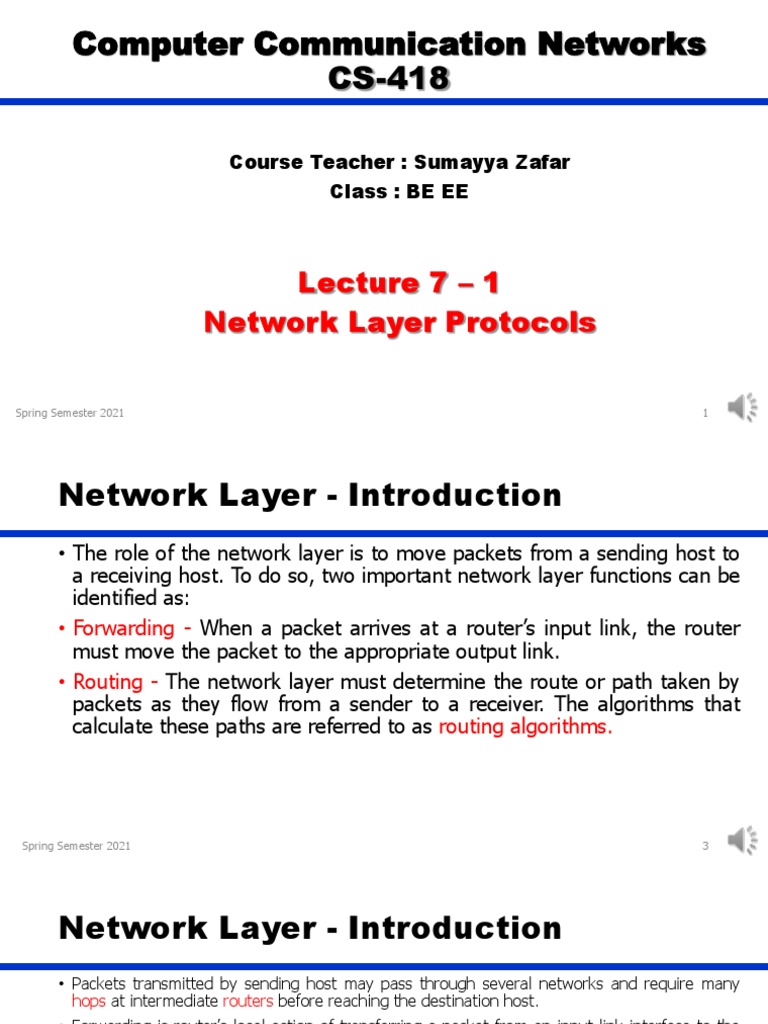 Computer Communication Networks CS418 Lecture 7 1 Network Layer