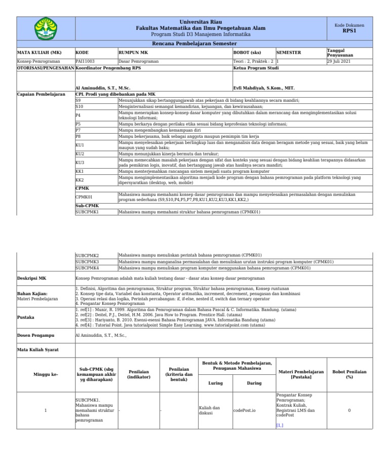 RPS Konsep Pemrograman Dasar | PDF