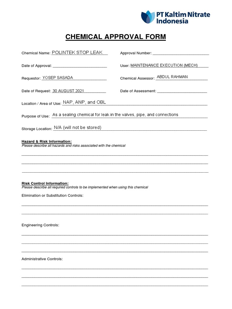 Chemical Approval Request Form | PDF | Leak | Working Conditions