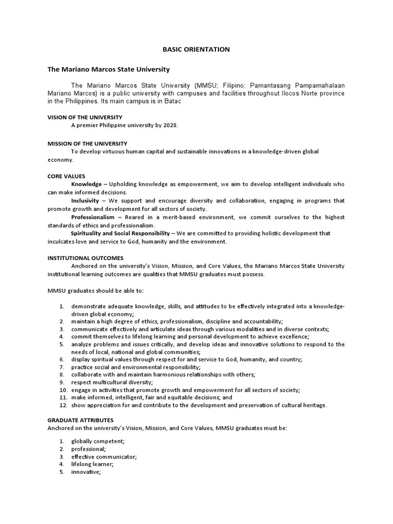 MMSU Vision, Mission, and Core Values | PDF | Empowerment | Sustainability