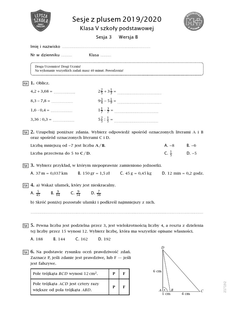 Sesja Z Plusem Matematyka Klasa 5 Pdf