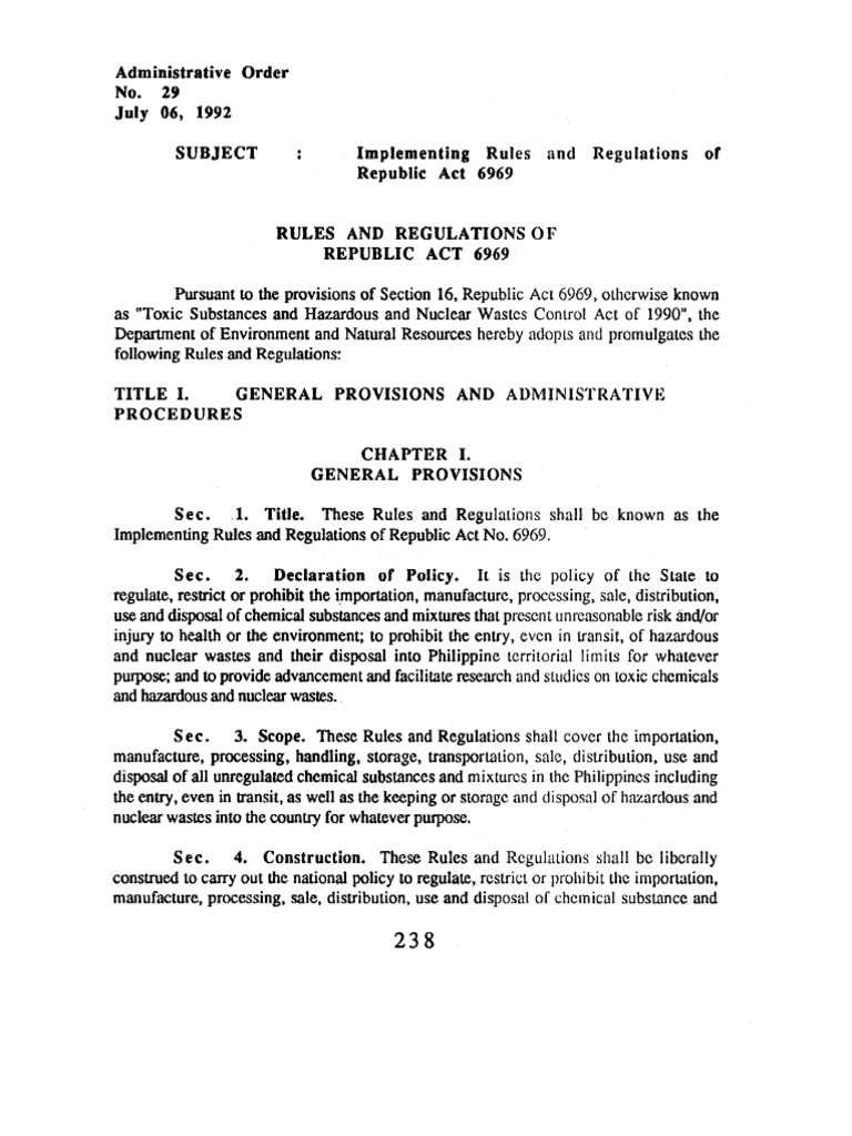 DAO 199229 IRR of RA 6969 Hazardous Waste Chemical Substances
