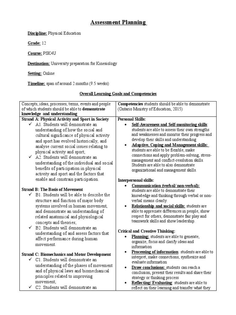 Grade 12 Online Kinesiology Assessment Plan | PDF | Educational ...