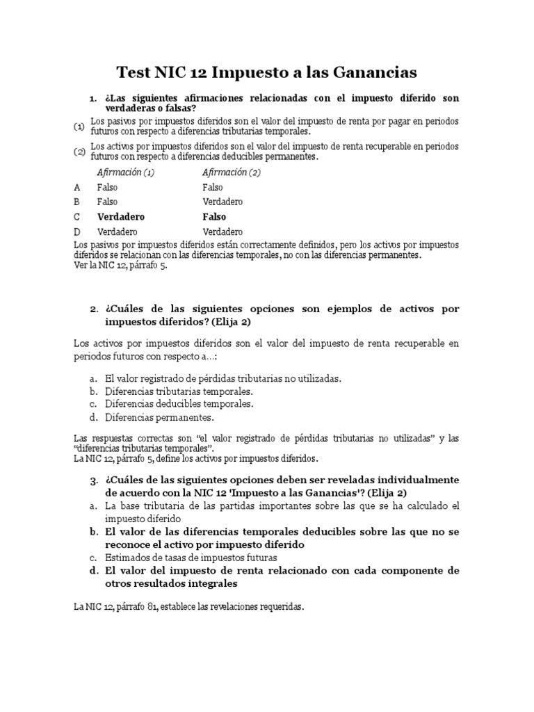 Test NIC 12 Impuesto A Las Ganancias | PDF | Impuestos | Depreciación
