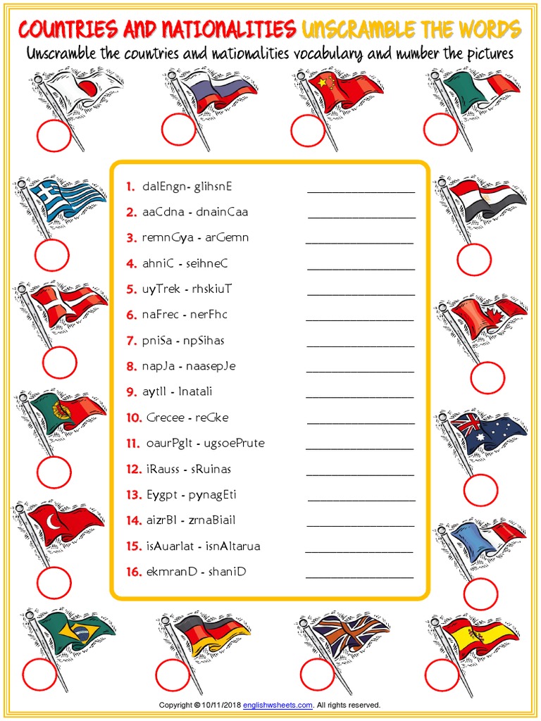 Countries and Nationalities Vocabulary Esl Unscramble The Words ...