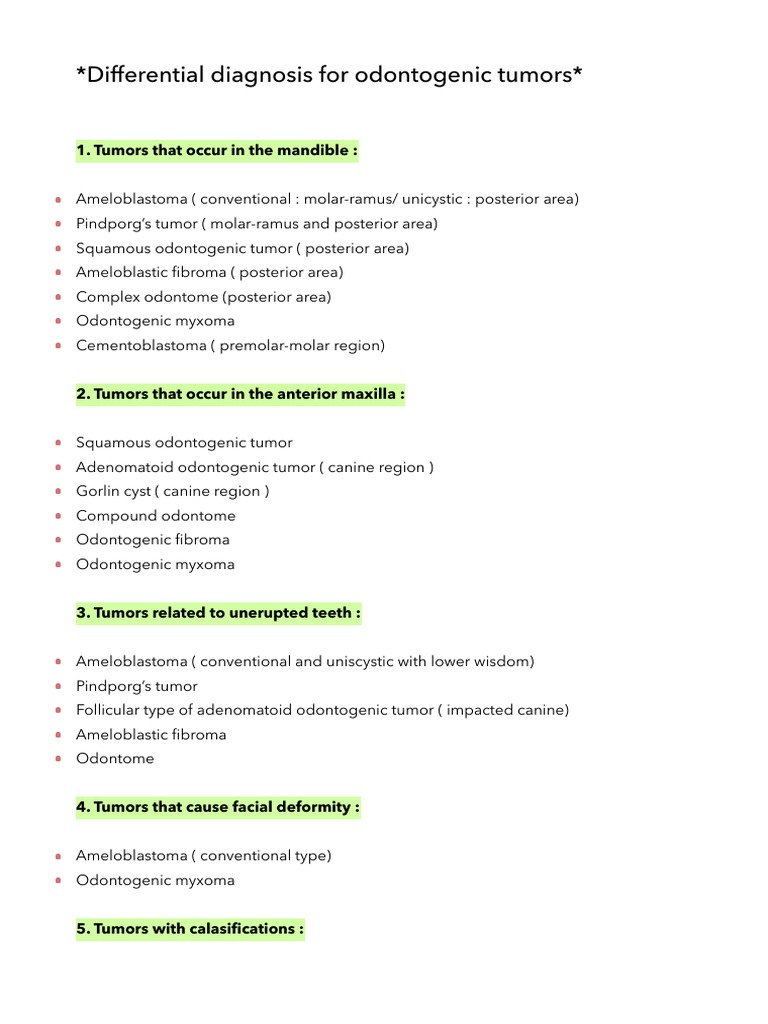 Differential Diagnosis For Odontogenic Tumors | PDF