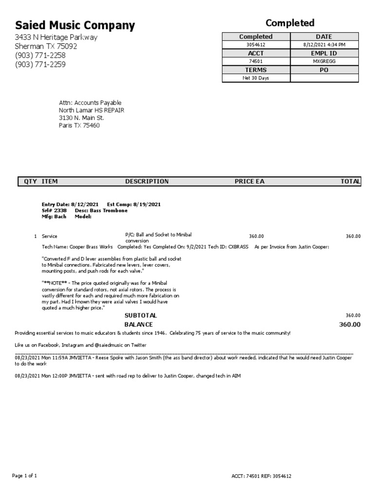 Service Receipt3054612 - Cooper Invoice 245 | PDF