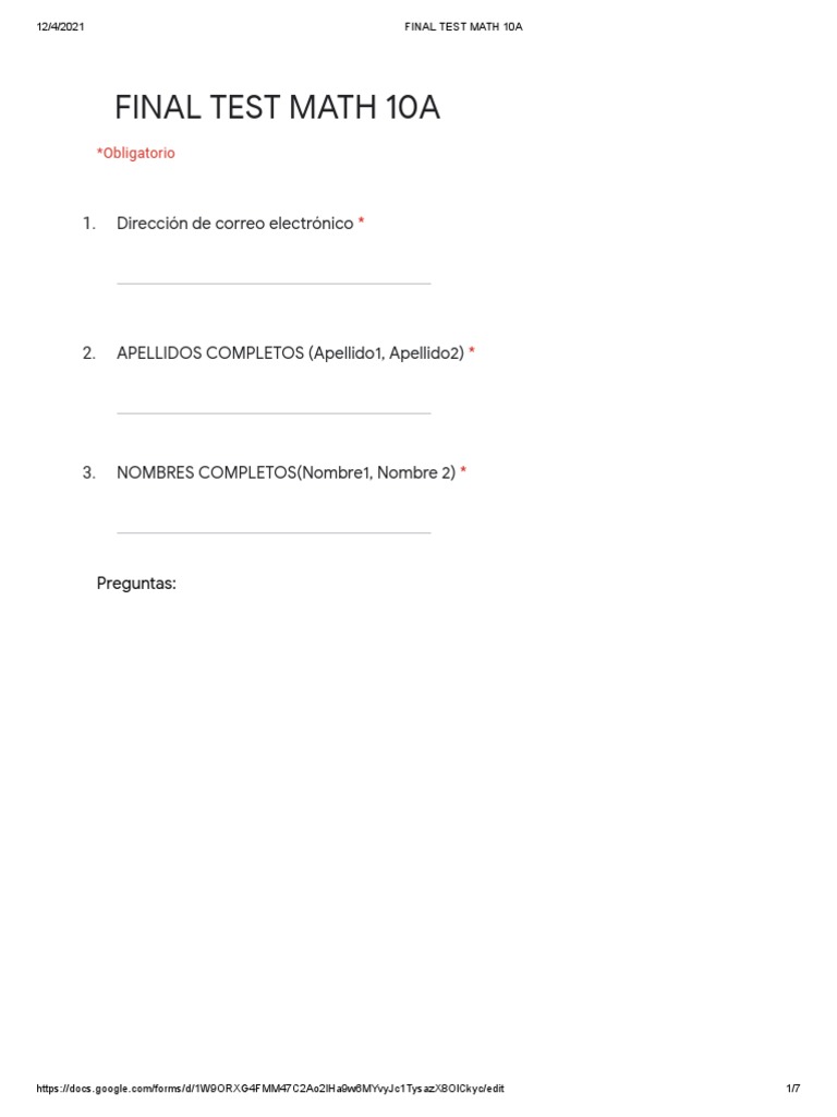 FINAL TEST MATH 10A - Formularios de Google | PDF