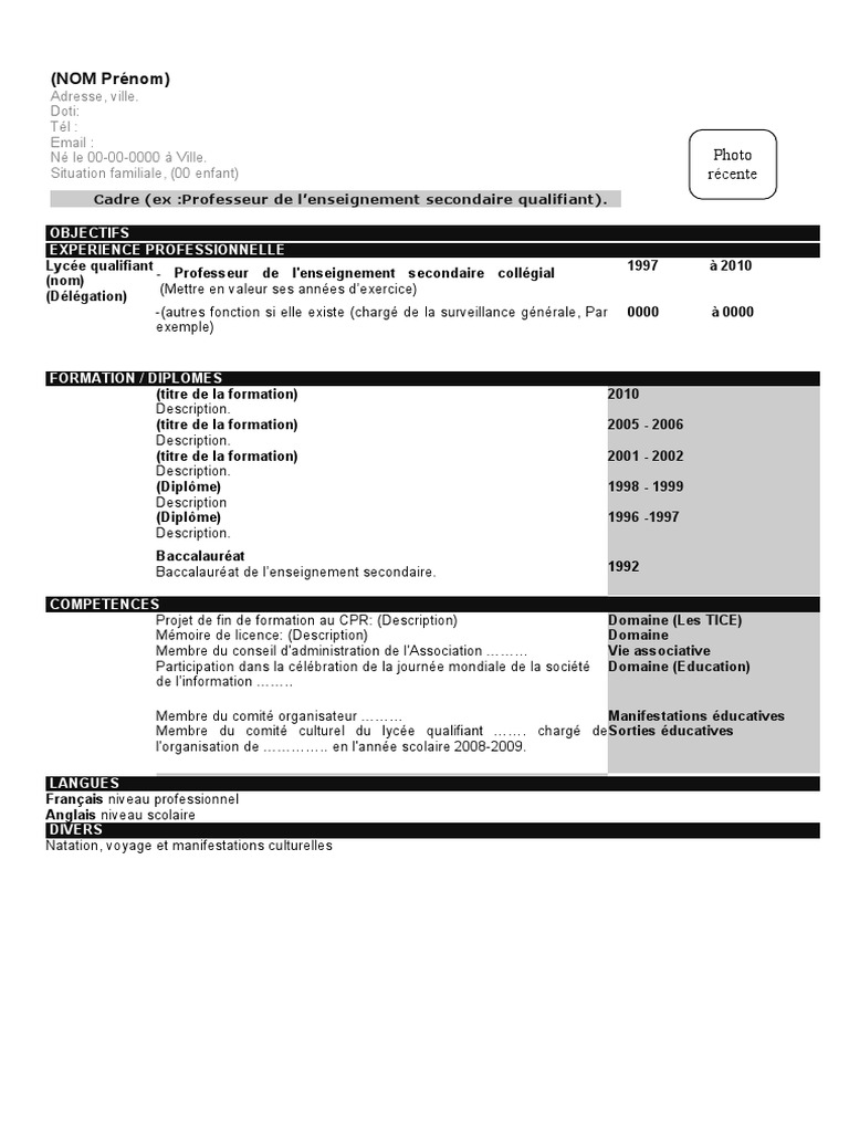 CV Professeur de l'Enseignement Secondaire | PDF