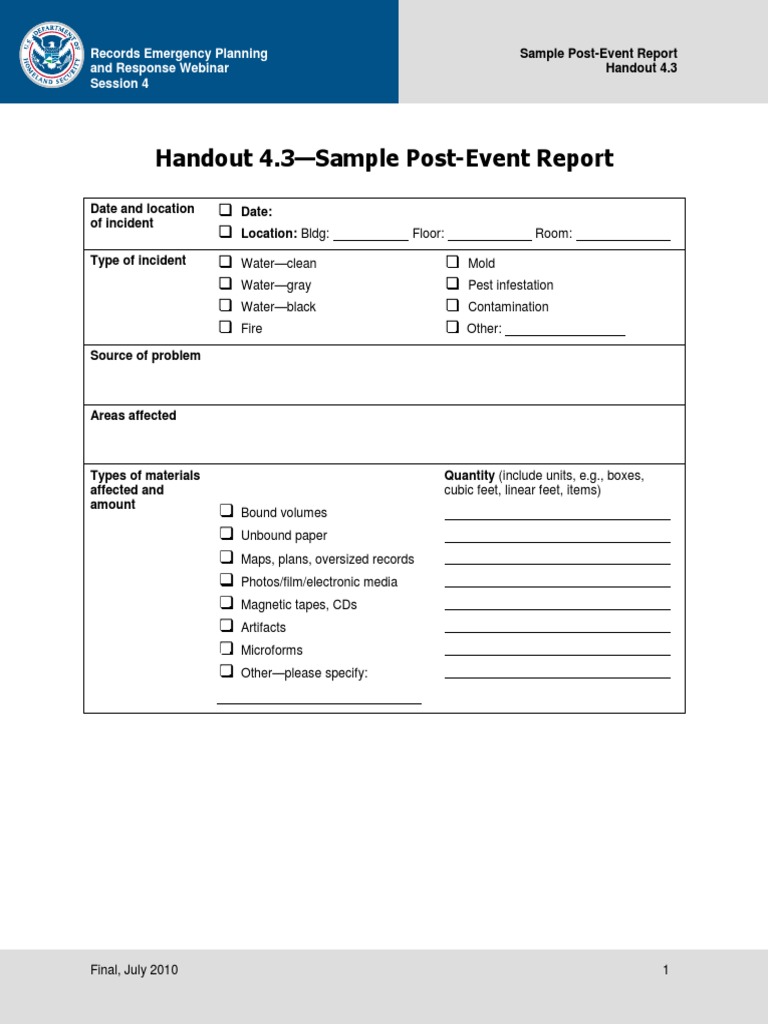 Handout 4.3-Sample Post-Event Report: Records Emergency Planning and ...