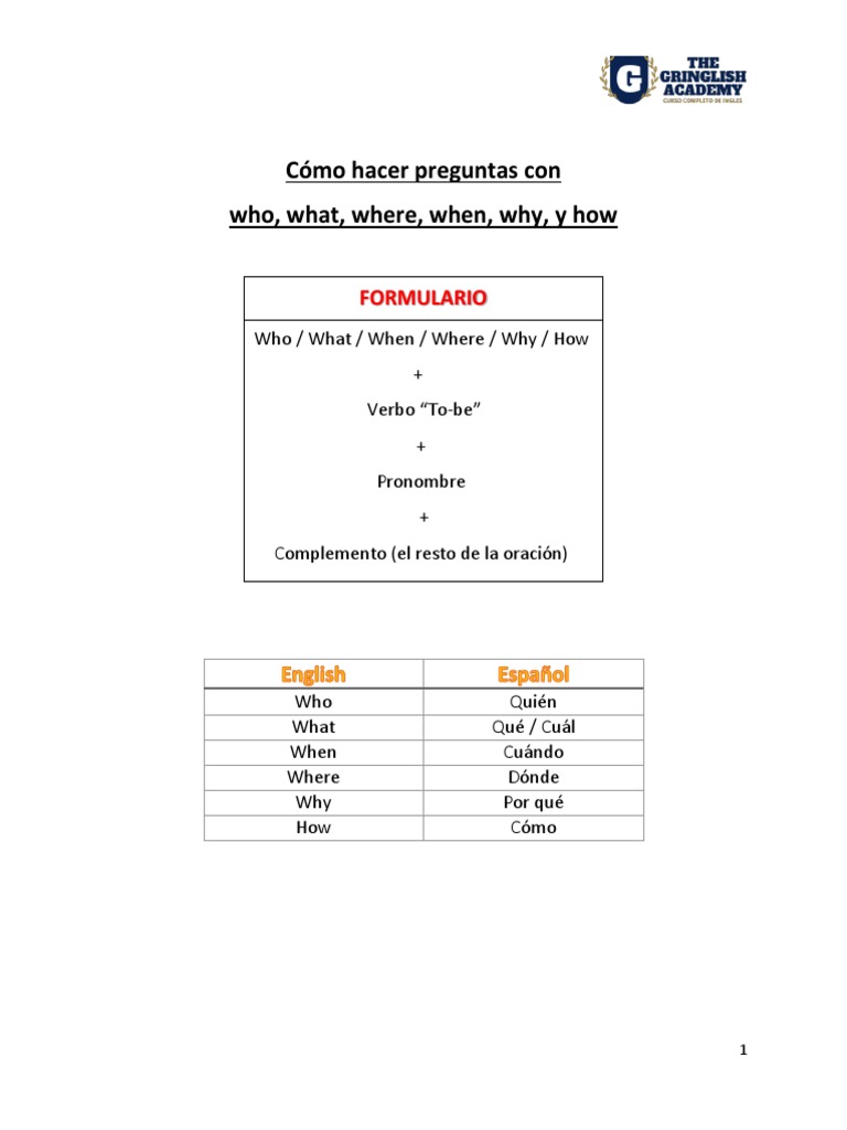 Preguntas en inglés: Who, What, When, Where, Why, How | PDF | Lingüística