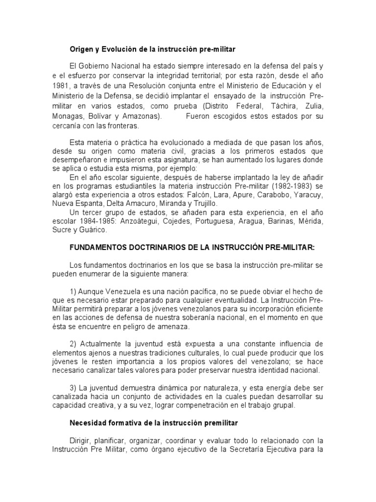 Origen y Evolución de la Instrucción Premilitar | PDF | Venezuela