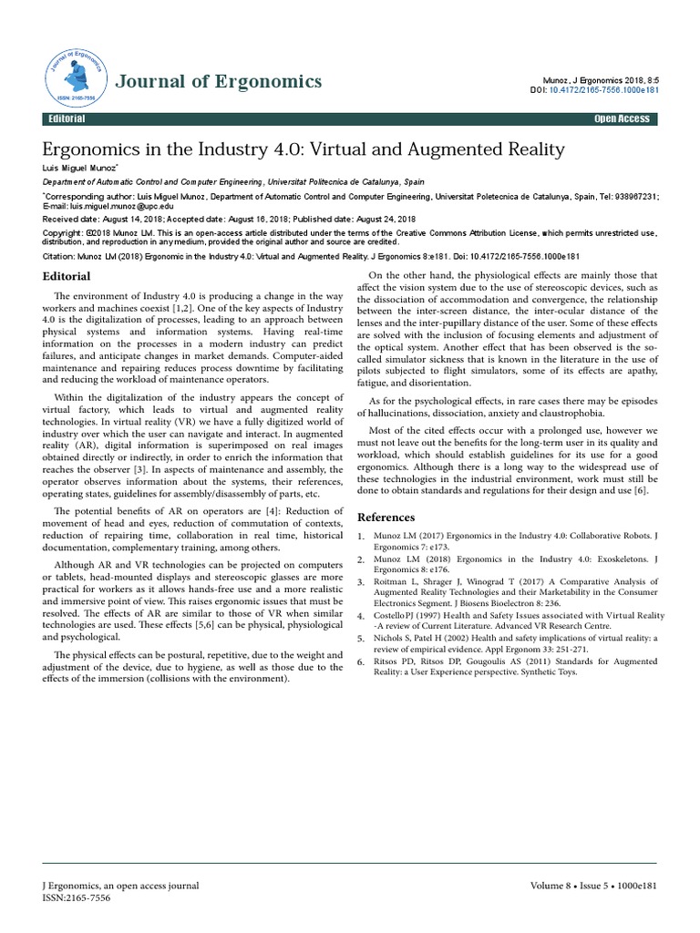 Journal of Ergonomics Ergonomics in The Industry 4.0 Virtual and