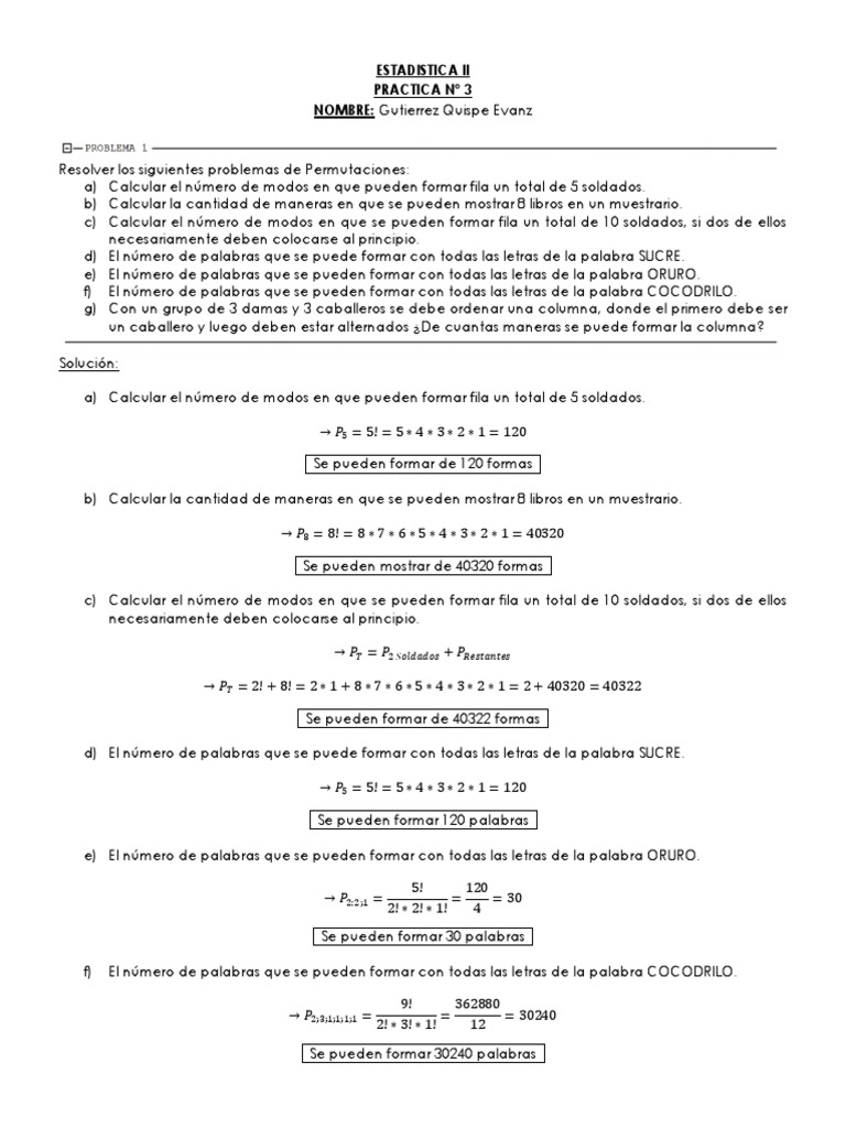 Ejercicios de Combinatoria Permutaciones y Variaciones | PDF | Combinatoria